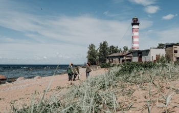 A group of people and a dog walk along a sandy beach near a lighthouse under a blue sky.